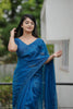 Royal Blue Organza Saree Embroidered Border Designer Blouse