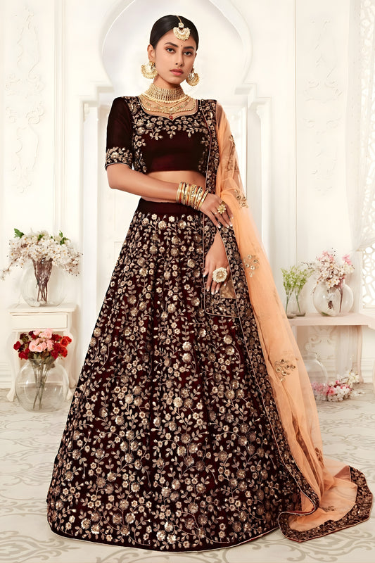 Elegant Maroon Heavy Embroidered Velvet Bridal Lehenga Choli with Soft Net Dupatta
