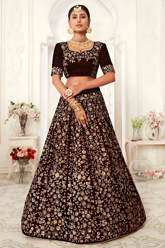 Elegant Maroon Heavy Embroidered Velvet Bridal Lehenga Choli with Soft Net Dupatta
