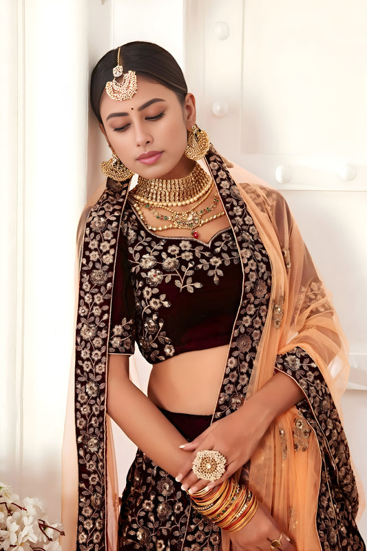 Elegant Maroon Heavy Embroidered Velvet Bridal Lehenga Choli with Soft Net Dupatta