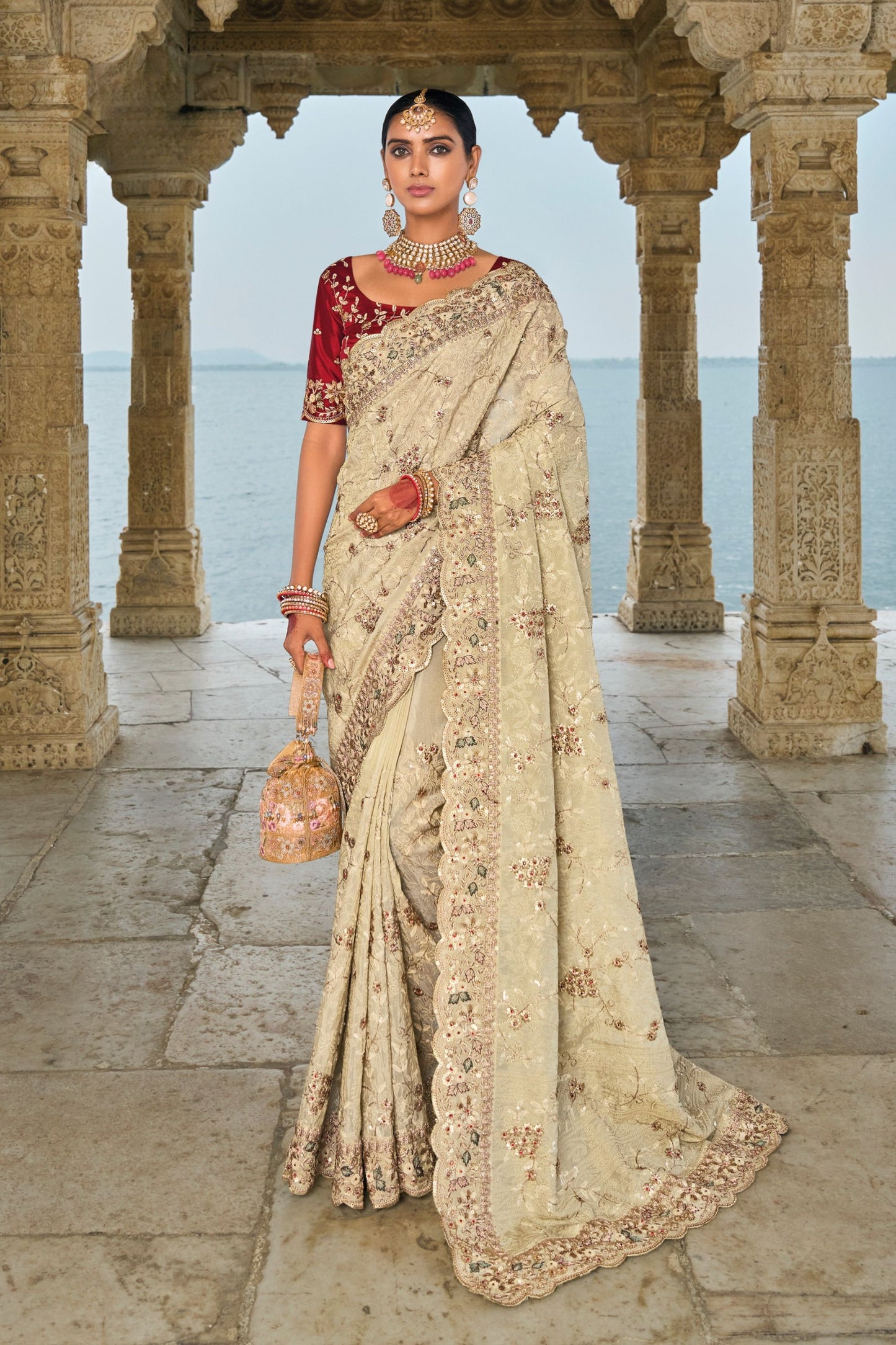 Designer Beige Heavy Wedding Saree with Velvet Blouse