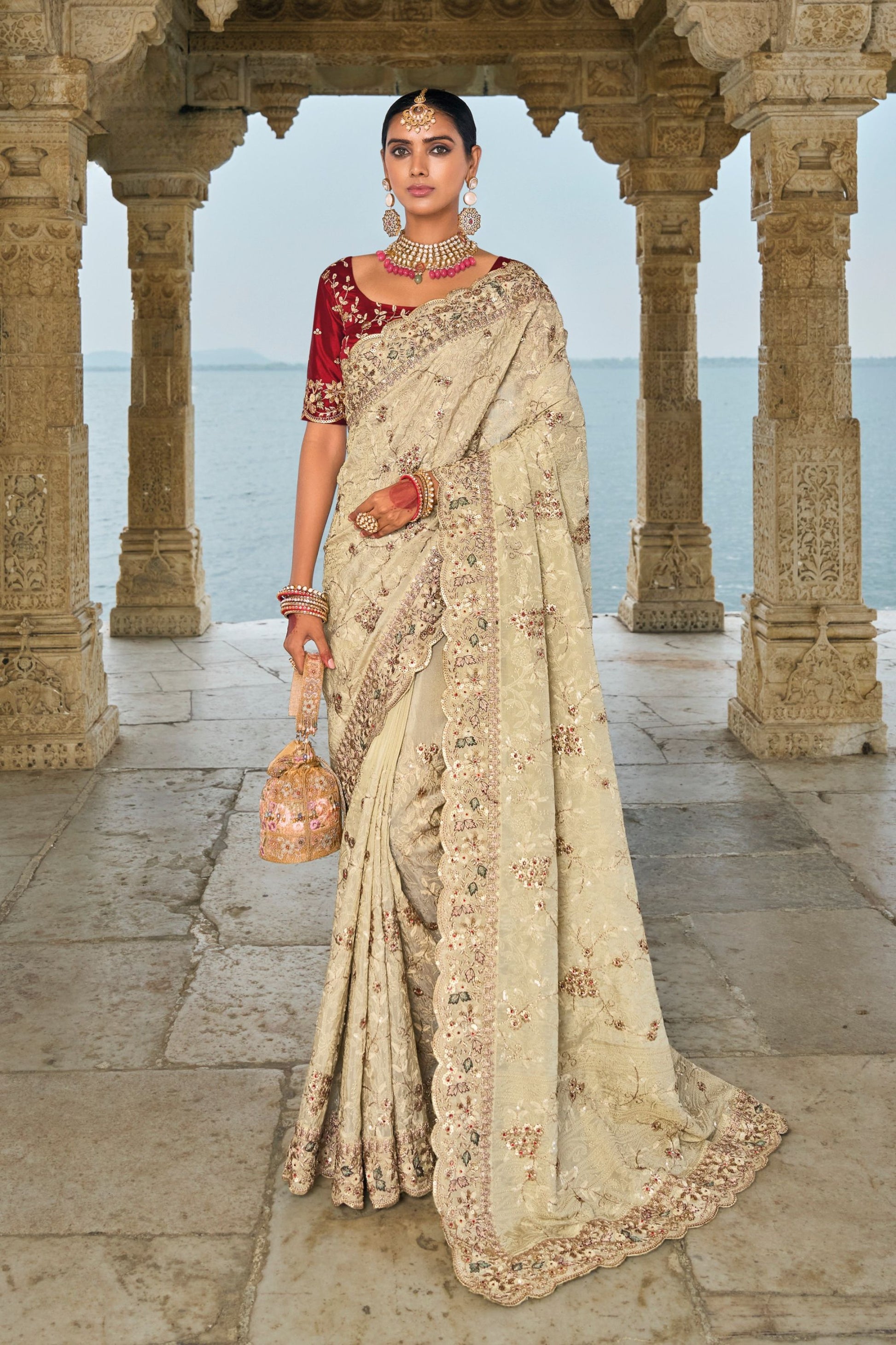 Designer Beige Heavy Wedding Saree with Velvet Blouse