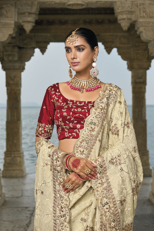 Designer Beige Heavy Wedding Saree with Velvet Blouse