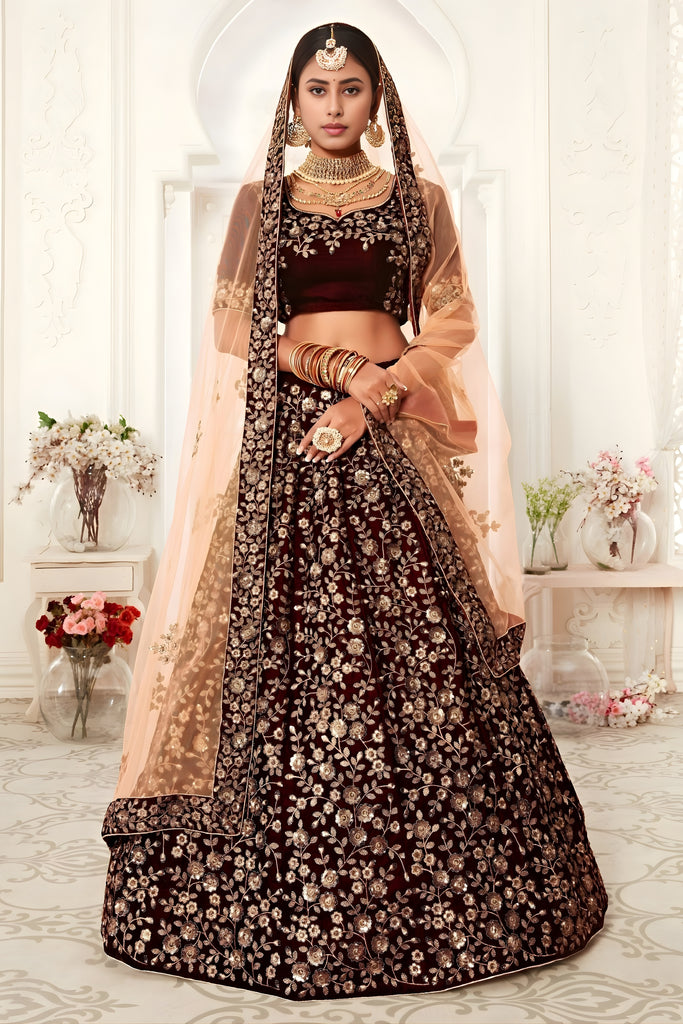 Elegant Maroon Heavy Embroidered Velvet Bridal Lehenga Choli with Soft Net Dupatta
