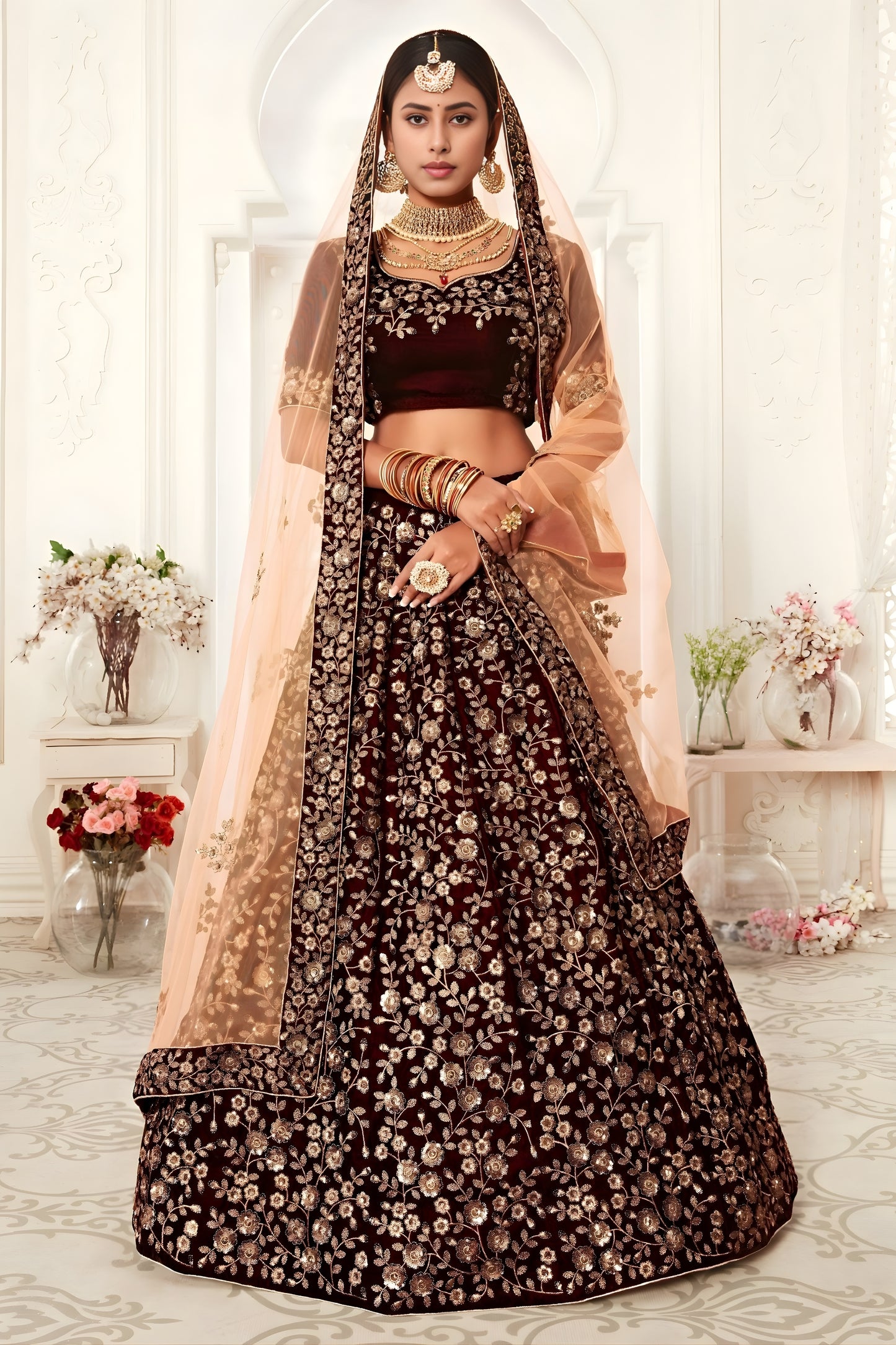 Elegant Maroon Heavy Embroidered Velvet Bridal Lehenga Choli with Soft Net Dupatta