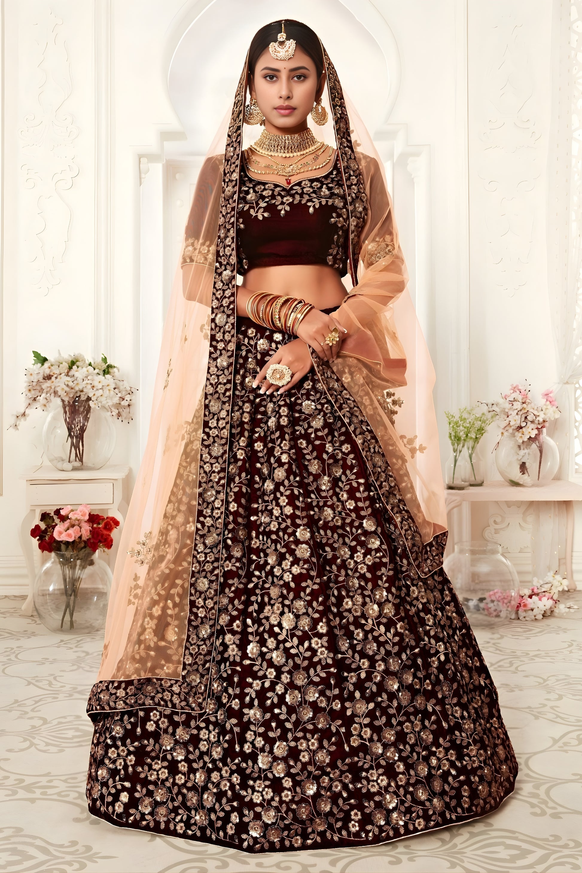 Elegant Maroon Heavy Embroidered Velvet Bridal Lehenga Choli with Soft Net Dupatta