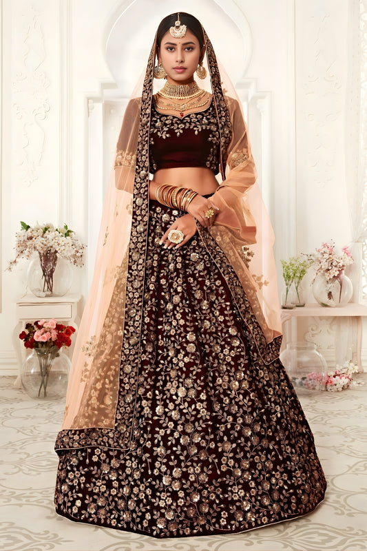 Elegant Maroon Heavy Embroidered Velvet Bridal Lehenga Choli with Soft Net Dupatta