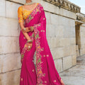 Pink Embroidered Designer Saree with Contrast Yellow Blouse