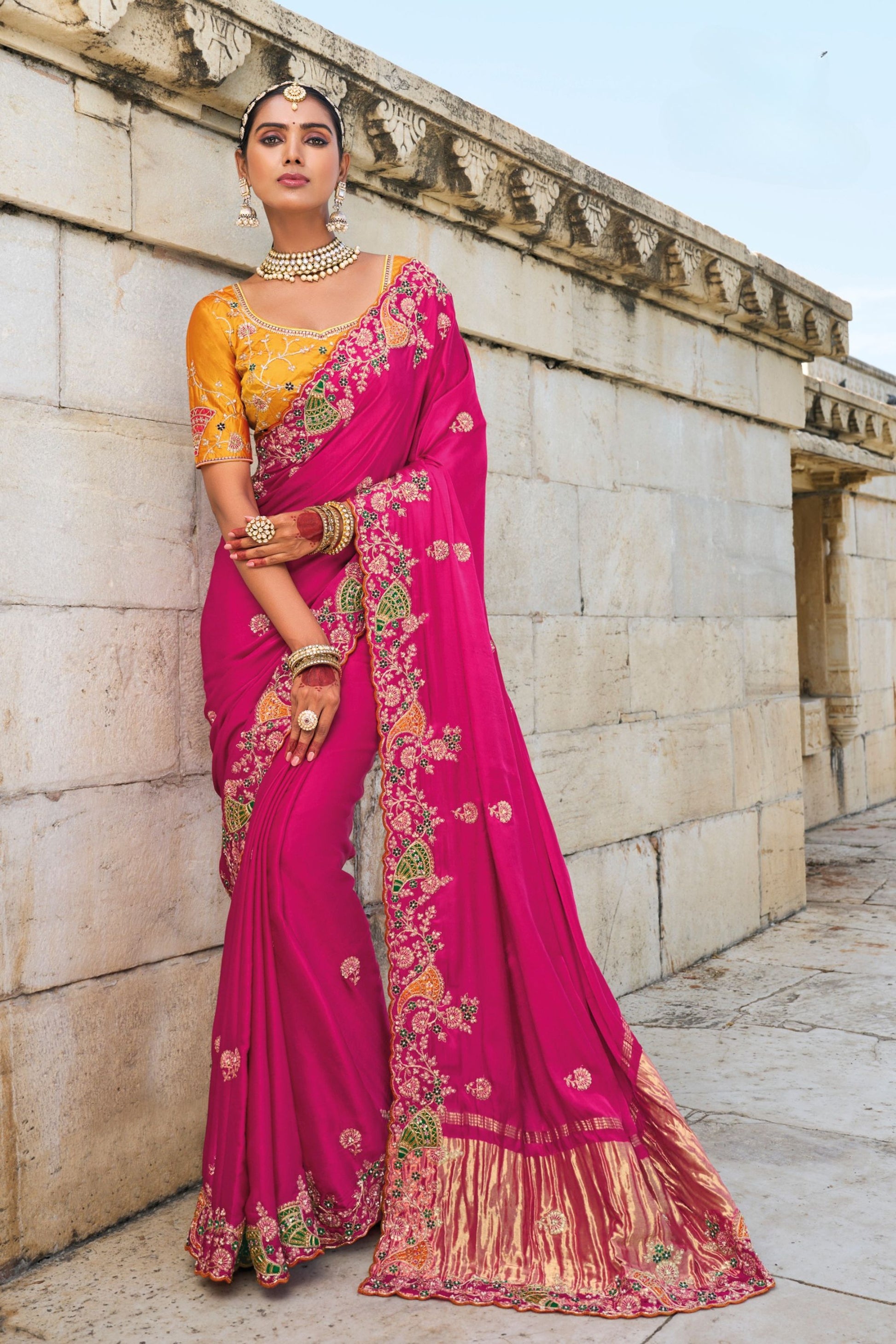 Pink Embroidered Designer Saree with Contrast Yellow Blouse