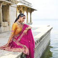 Pink Embroidered Designer Saree with Contrast Yellow Blouse