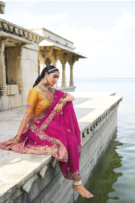 Pink Embroidered Designer Saree with Contrast Yellow Blouse