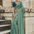 Sea Green Designer Saree with Embellished Border Teal Blouse 