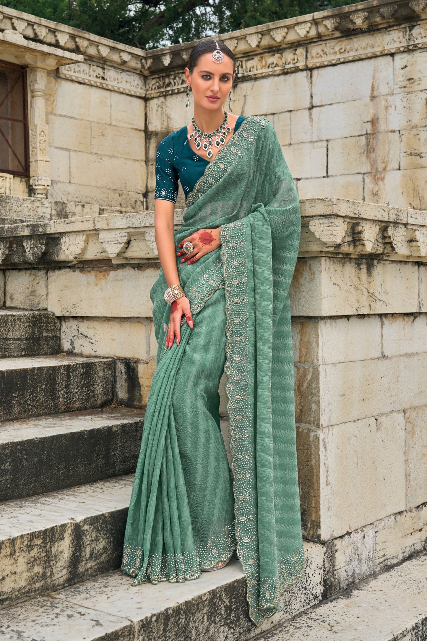 Sea Green Designer Saree with Embellished Border Teal Blouse 