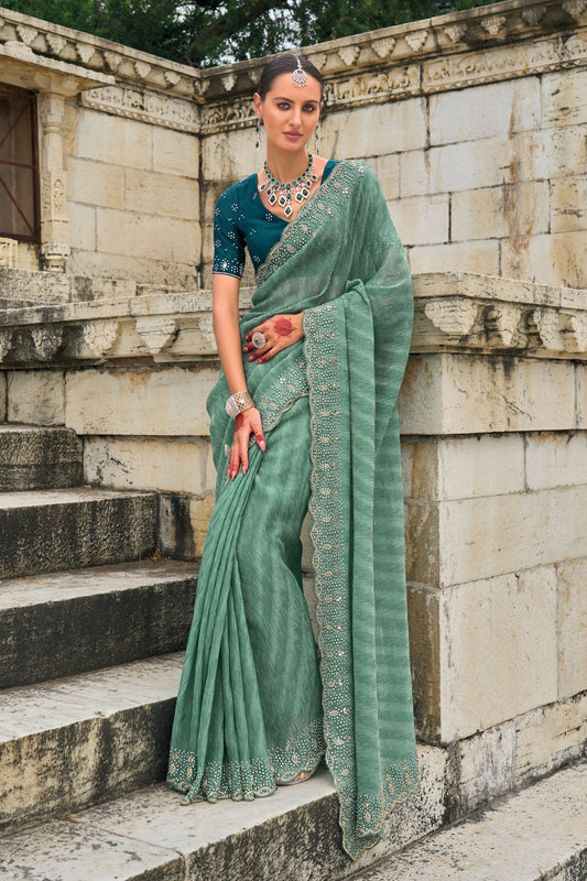 Sea Green Designer Saree with Embellished Border Teal Blouse 