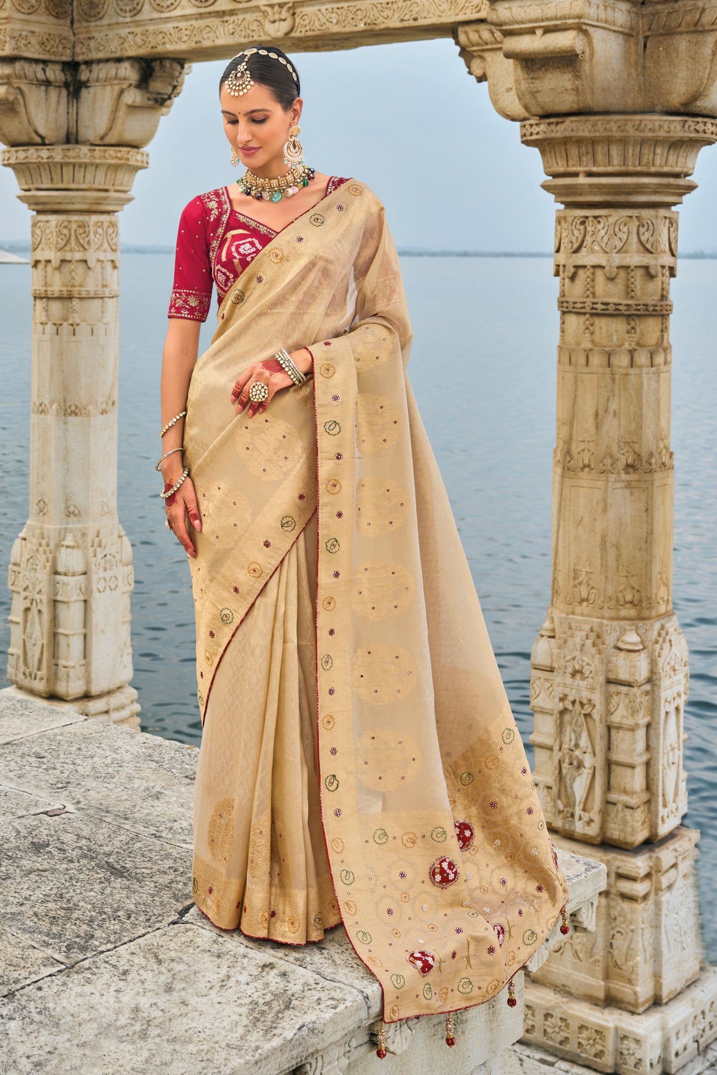 Beige Silk Designer Saree with Ready Blouse Wedding Wear