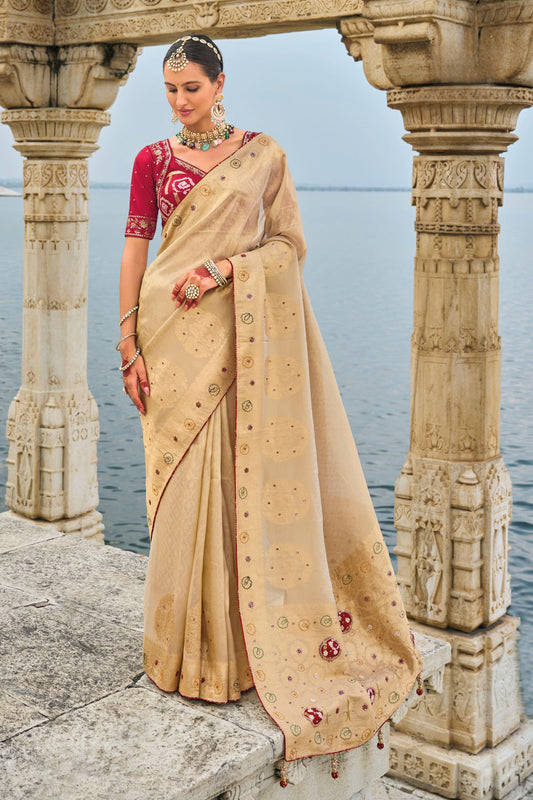 Beige Silk Designer Saree with Ready Blouse Wedding Wear