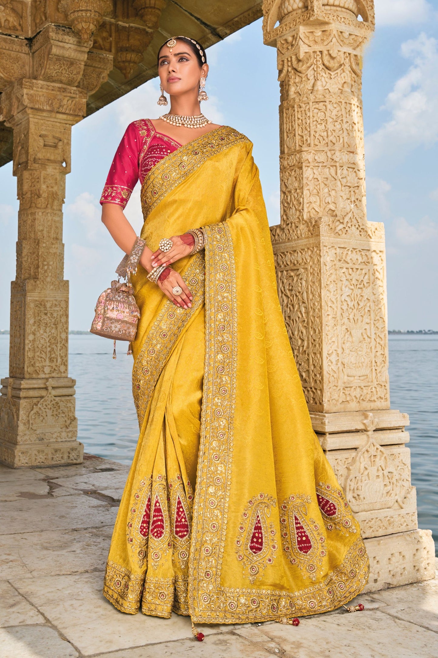 Mustard Yellow Silk Saree with Heavy Ready Blouse 