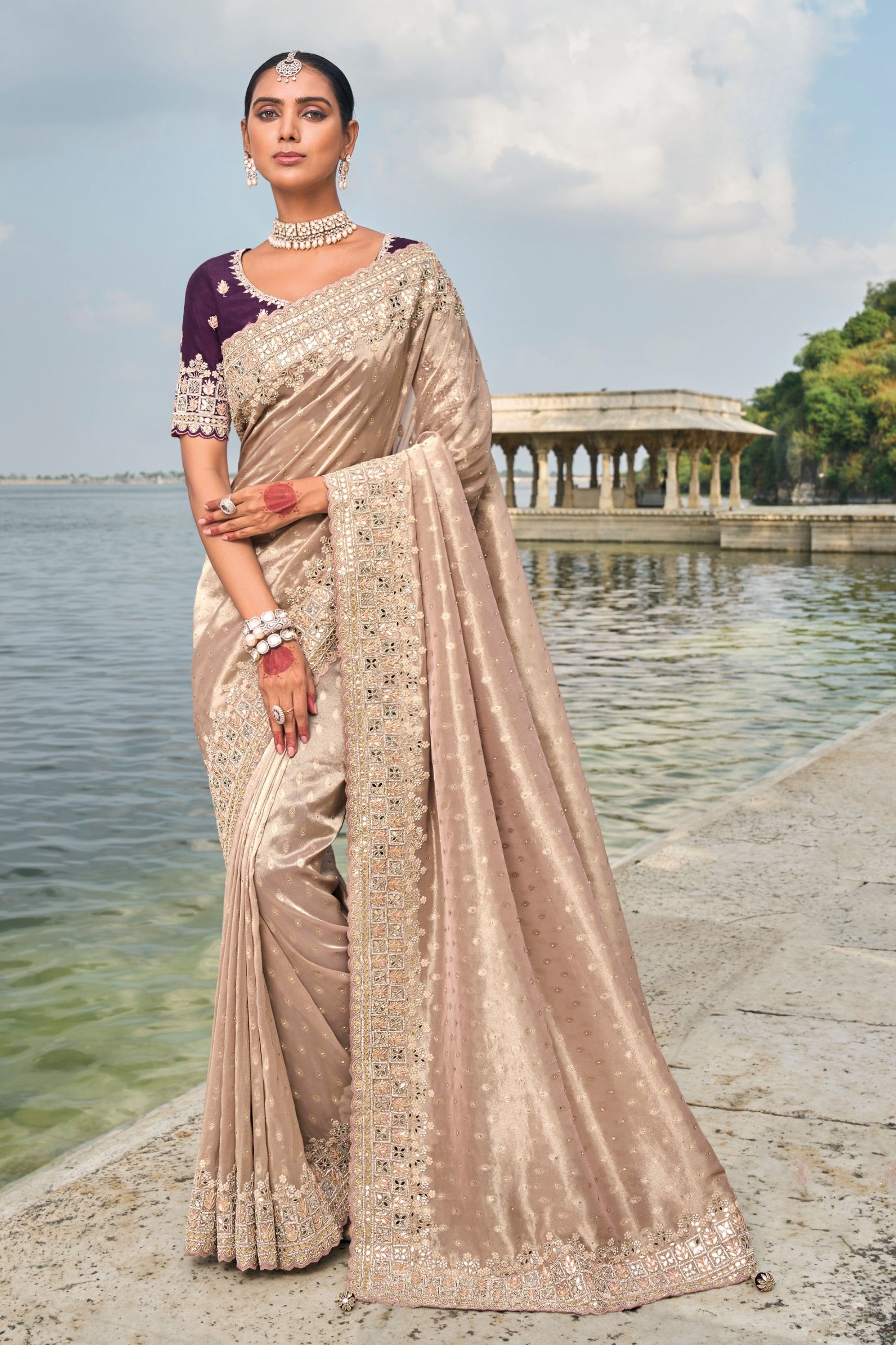 Designer Pink Silk Saree with Heavy Border Wedding Wear 