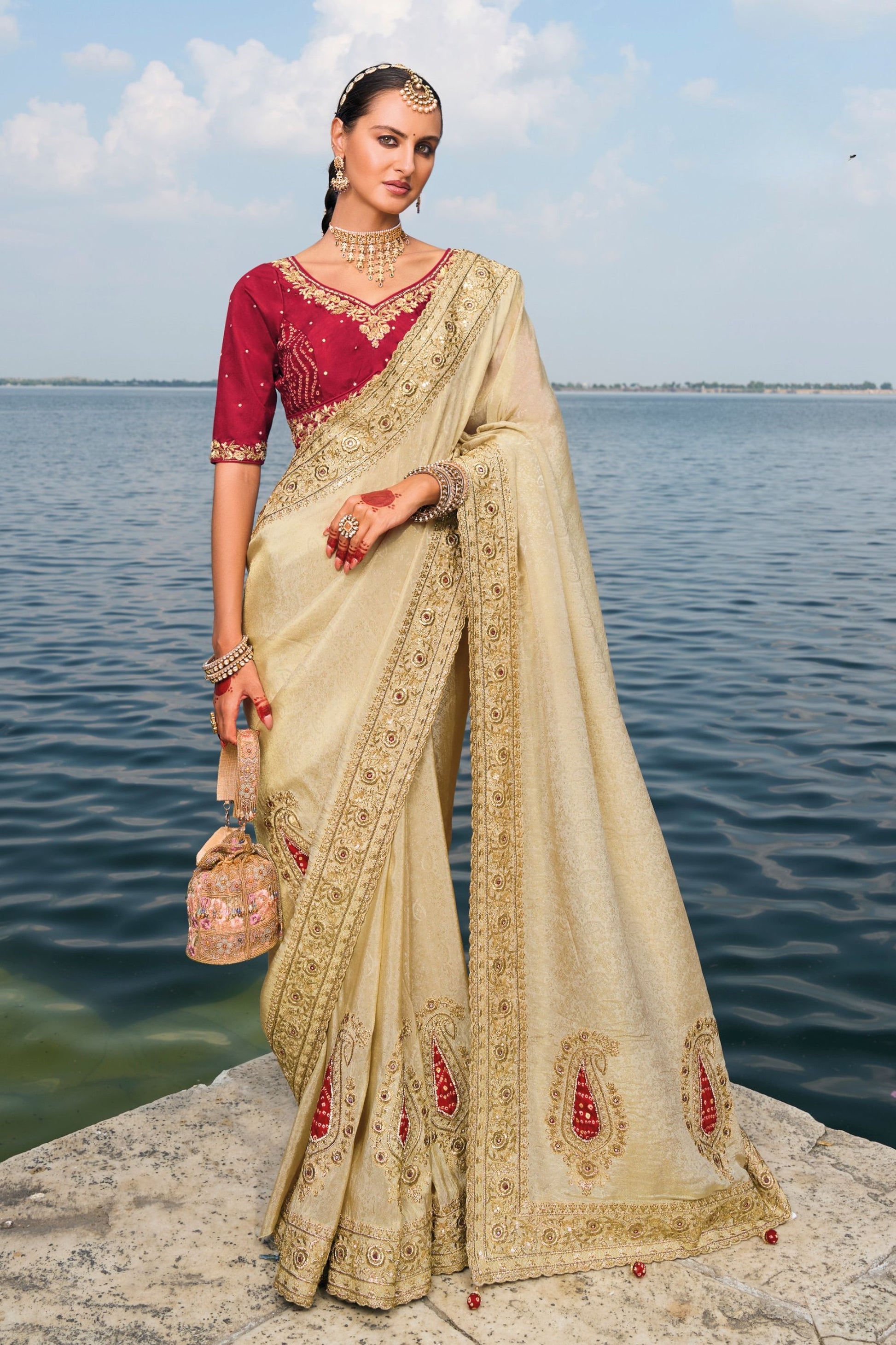 Designer Cream Silk Saree with Ready Matching Blouse