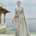  Grey Silk Saree with Designer Lace Border Matching Blouse 