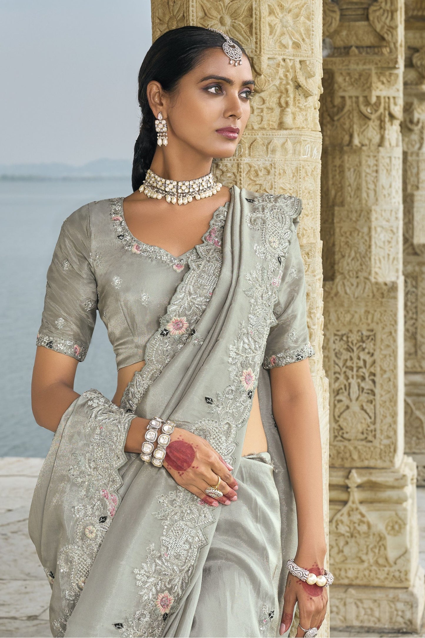 Grey Silk Saree with Designer Lace Border Matching Blouse