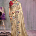 Designer Beige Silk Saree with Contrast Blouse Wedding Wear 