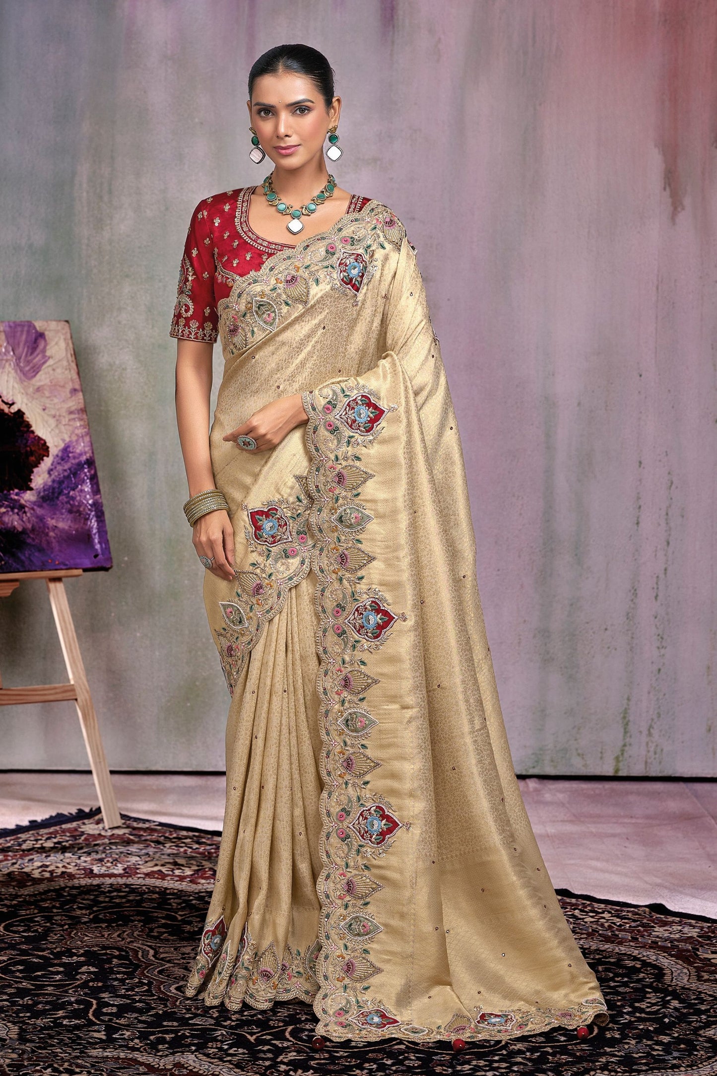 Designer Beige Silk Saree with Contrast Blouse Wedding Wear 