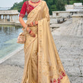 Beige Banarasi Silk Saree with Red Blouse Wedding Wear Saree