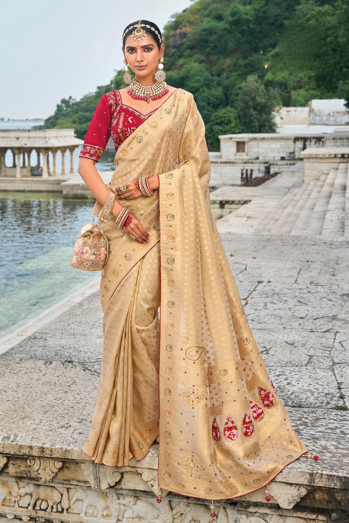 Beige Banarasi Silk Saree with Red Blouse Wedding Wear Saree