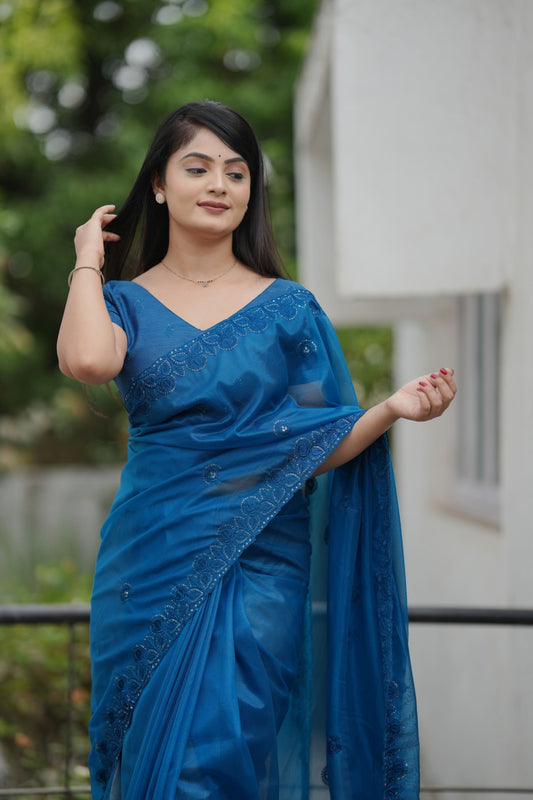 Royal Blue Organza Saree Embroidered Border Designer Blouse