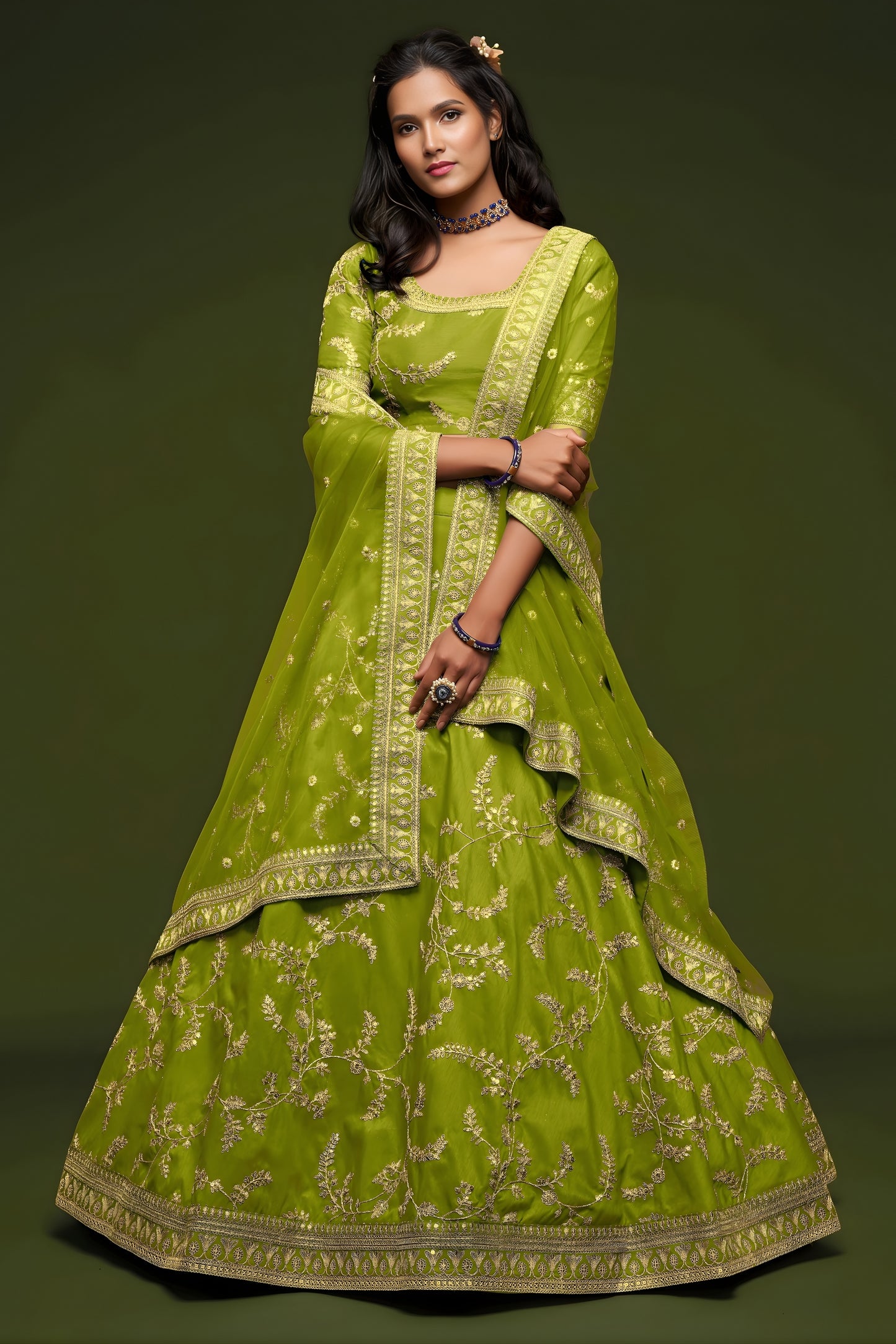 Beautiful Green Art Silk Heavy Embroidered Lehenga Choli with Soft Net Dupatta for Wedding