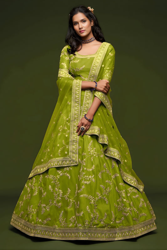 Beautiful Green Art Silk Heavy Embroidered Lehenga Choli with Soft Net Dupatta for Wedding