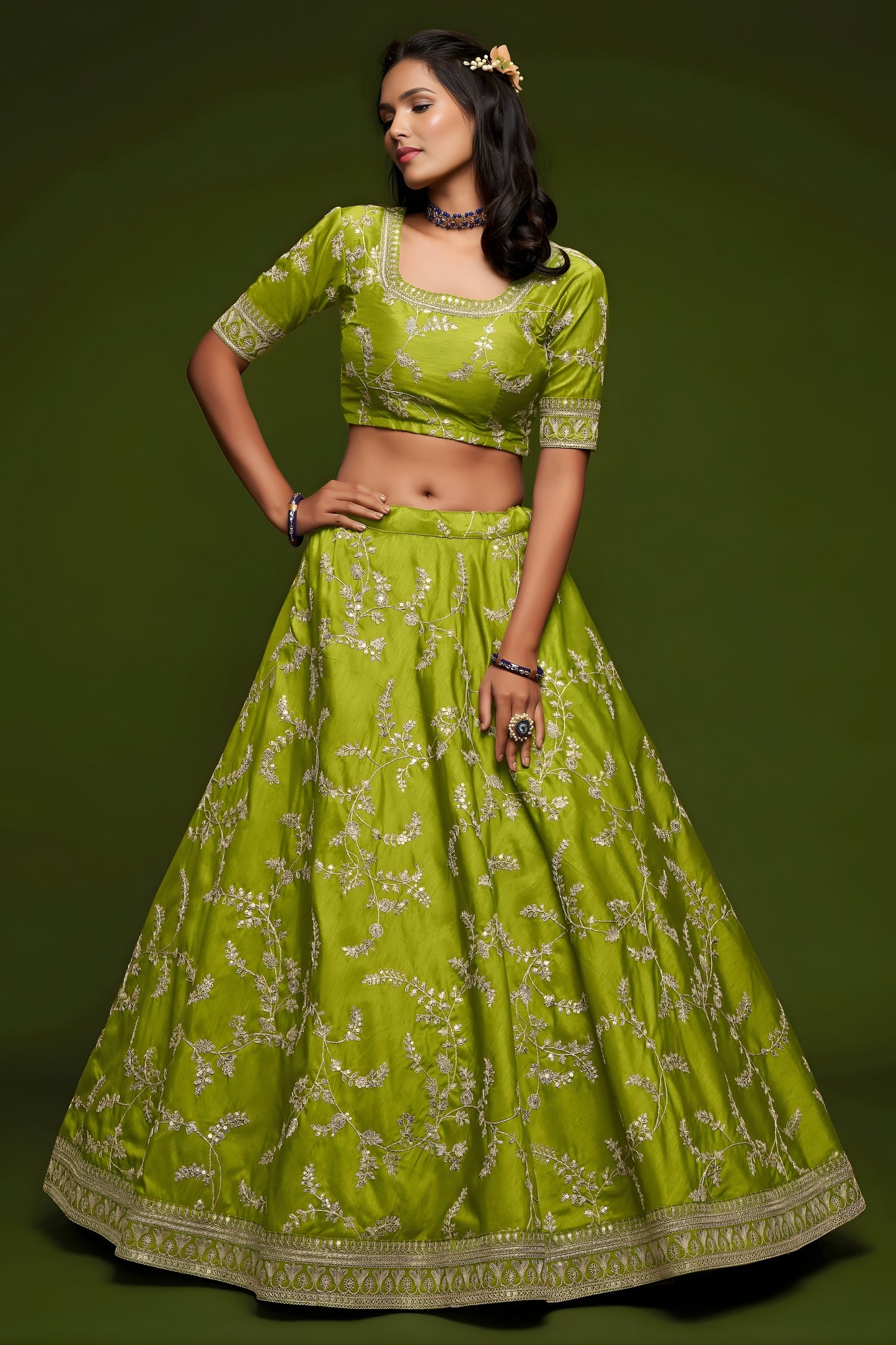 Beautiful Green Art Silk Heavy Embroidered Lehenga Choli with Soft Net Dupatta for Wedding
