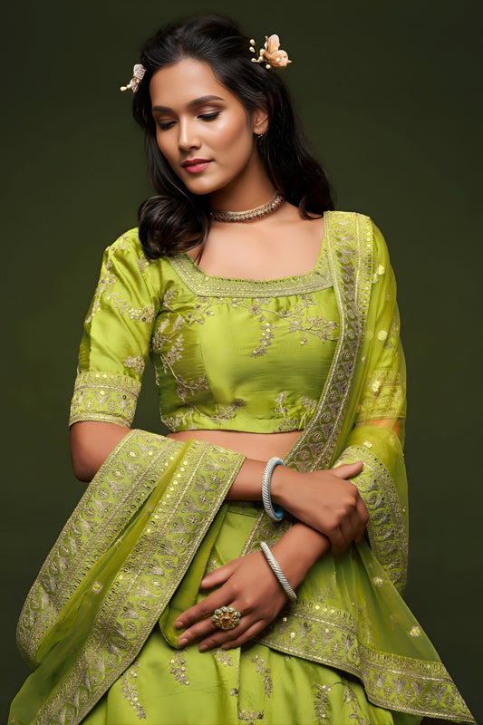 Beautiful Green Art Silk Heavy Embroidered Lehenga Choli with Soft Net Dupatta for Wedding