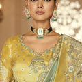 Mustard Yellow Sage Green Silk Blend Designer Saree and Tassel Pallu
