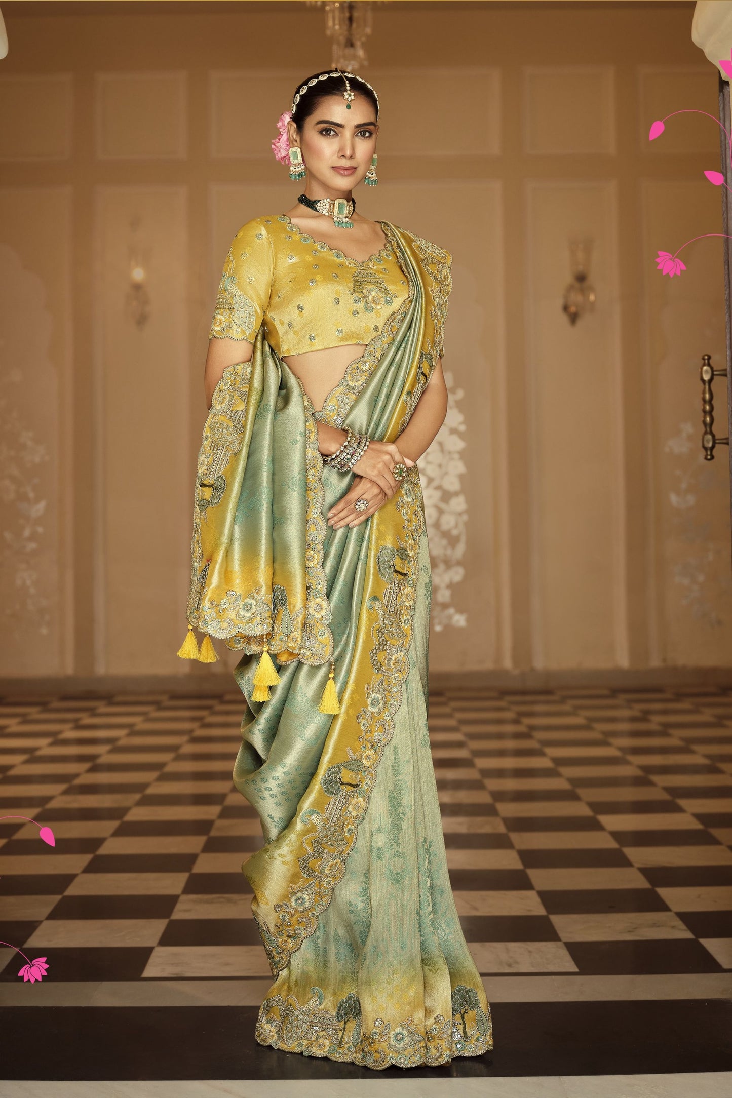 Mustard Yellow Sage Green Silk Blend Designer Saree and Tassel Pallu 