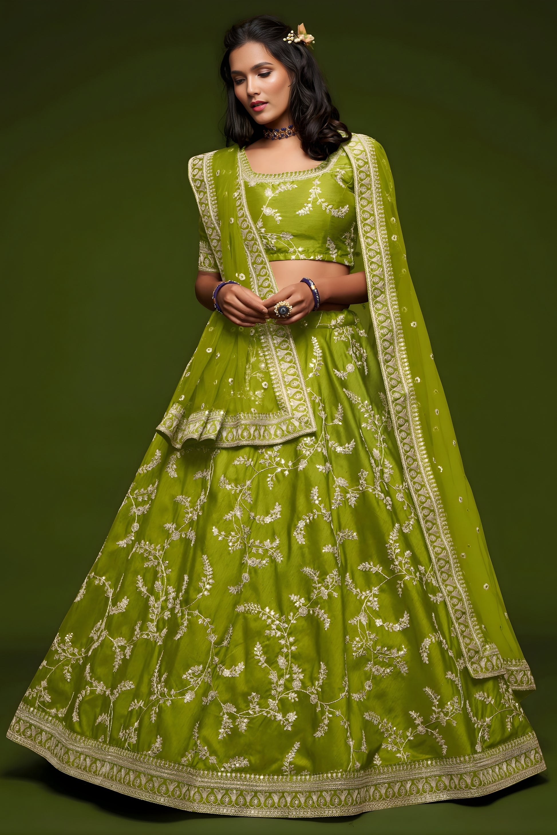Beautiful Green Art Silk Heavy Embroidered Lehenga Choli with Soft Net Dupatta for Wedding