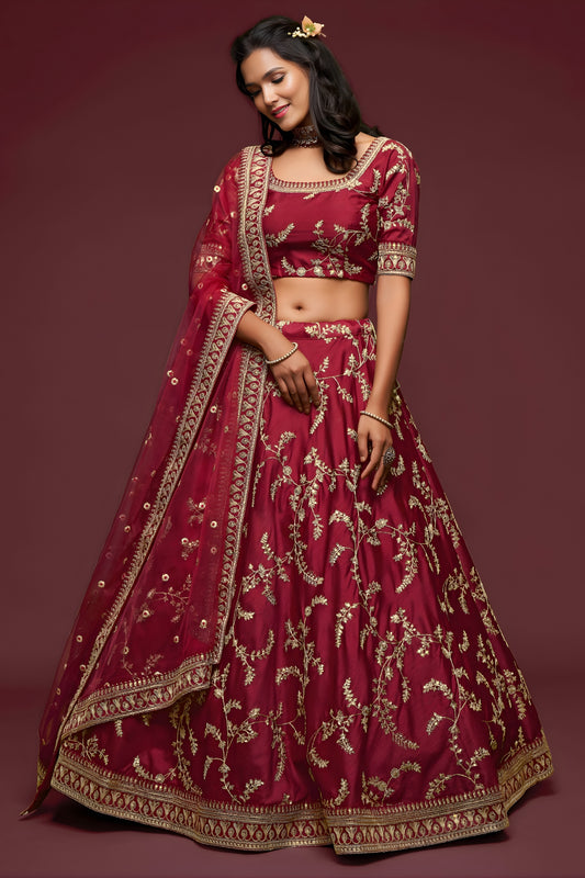 Stunning Maroon Art Silk Heavy Embroidered Lehenga Choli with Soft Net Dupatta for Wedding