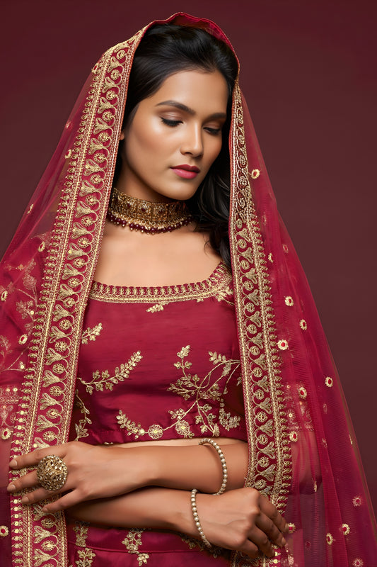Stunning Maroon Art Silk Heavy Embroidered Lehenga Choli with Soft Net Dupatta for Wedding