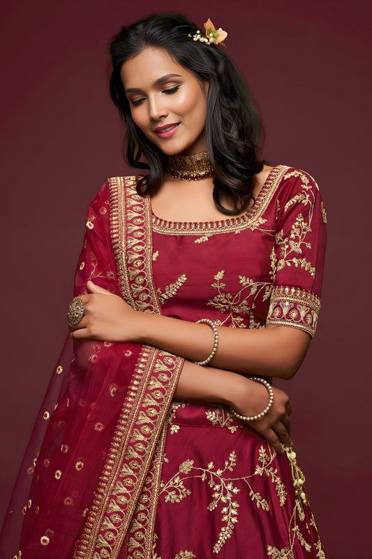 Stunning Maroon Art Silk Heavy Embroidered Lehenga Choli with Soft Net Dupatta for Wedding