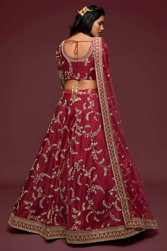 Stunning Maroon Art Silk Heavy Embroidered Lehenga Choli with Soft Net Dupatta for Wedding