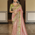  Pink Olive Green Silk Blend Designer Saree Embroidery Border 