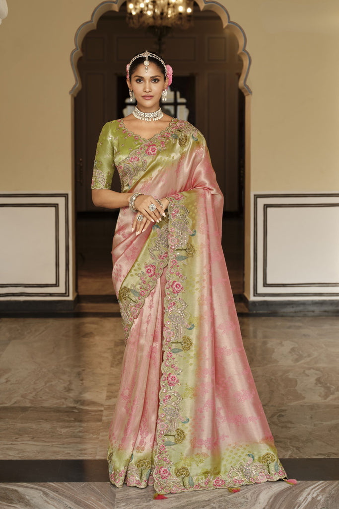  Pink Olive Green Silk Blend Designer Saree Embroidery Border 