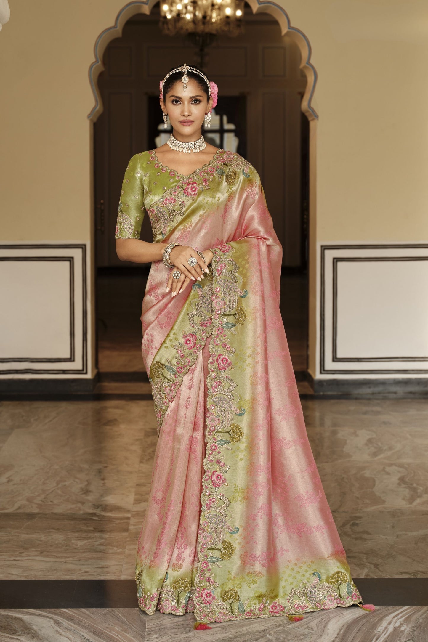  Pink Olive Green Silk Blend Designer Saree Embroidery Border 