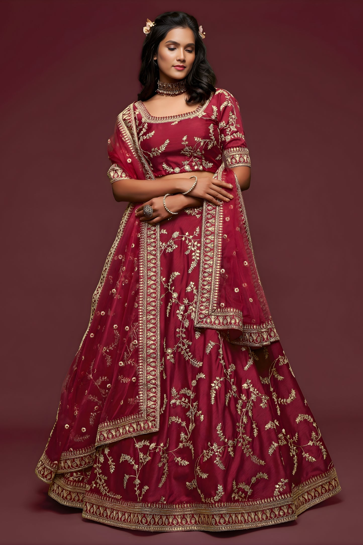 Stunning Maroon Art Silk Heavy Embroidered Lehenga Choli with Soft Net Dupatta for Wedding