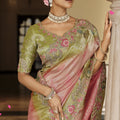 Pink Olive Green Silk Blend Designer Saree Embroidery Border