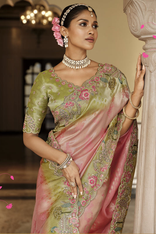 Pink Olive Green Silk Blend Designer Saree Embroidery Border