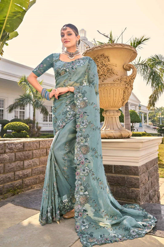 Dusty Teal Designer Net Saree with Floral Embroidery