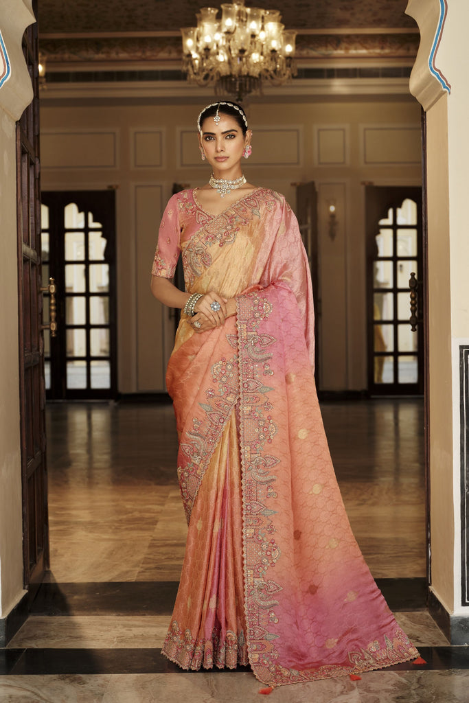 Peach Pink Golden Silk Blend Designer Saree Embroidery Border 