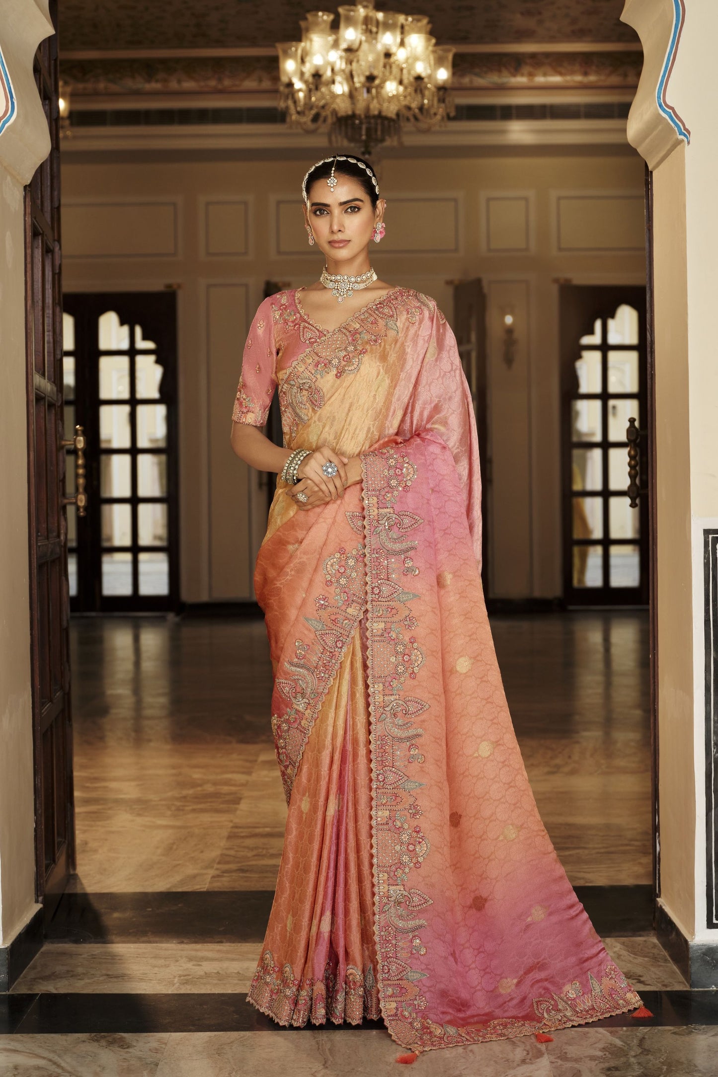 Peach Pink Golden Silk Blend Designer Saree Embroidery Border 